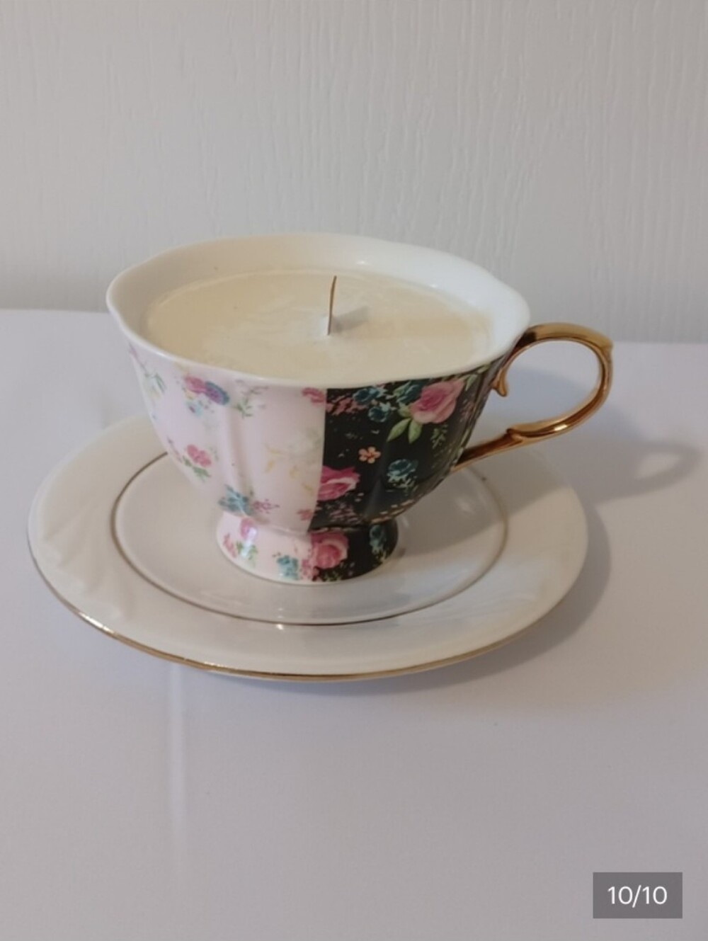 Hand-poured Floral Teacup Candle with Gold Handle